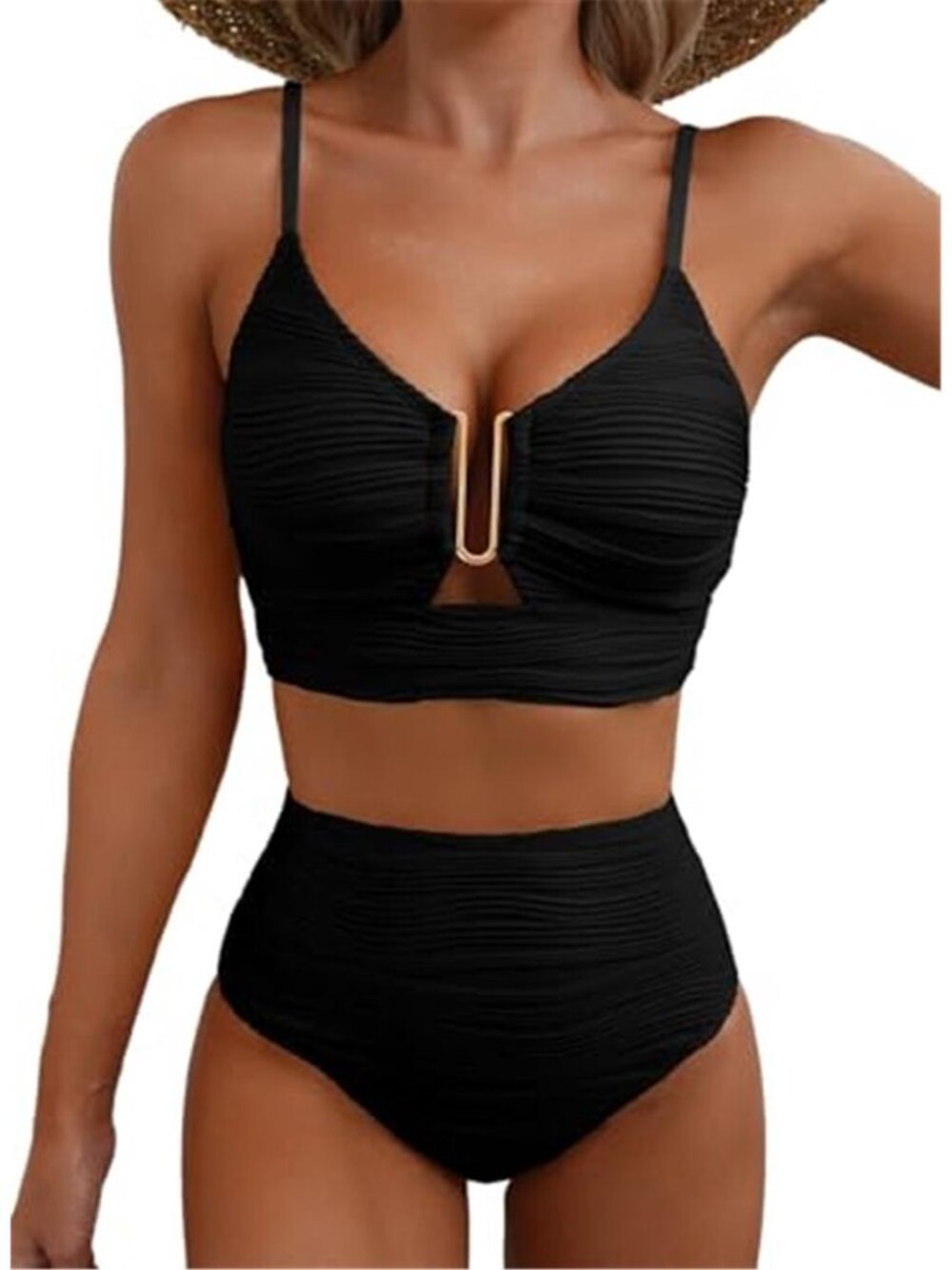 Black Textured High Waisted Bikini Set U Wire Cutout Swimsuit